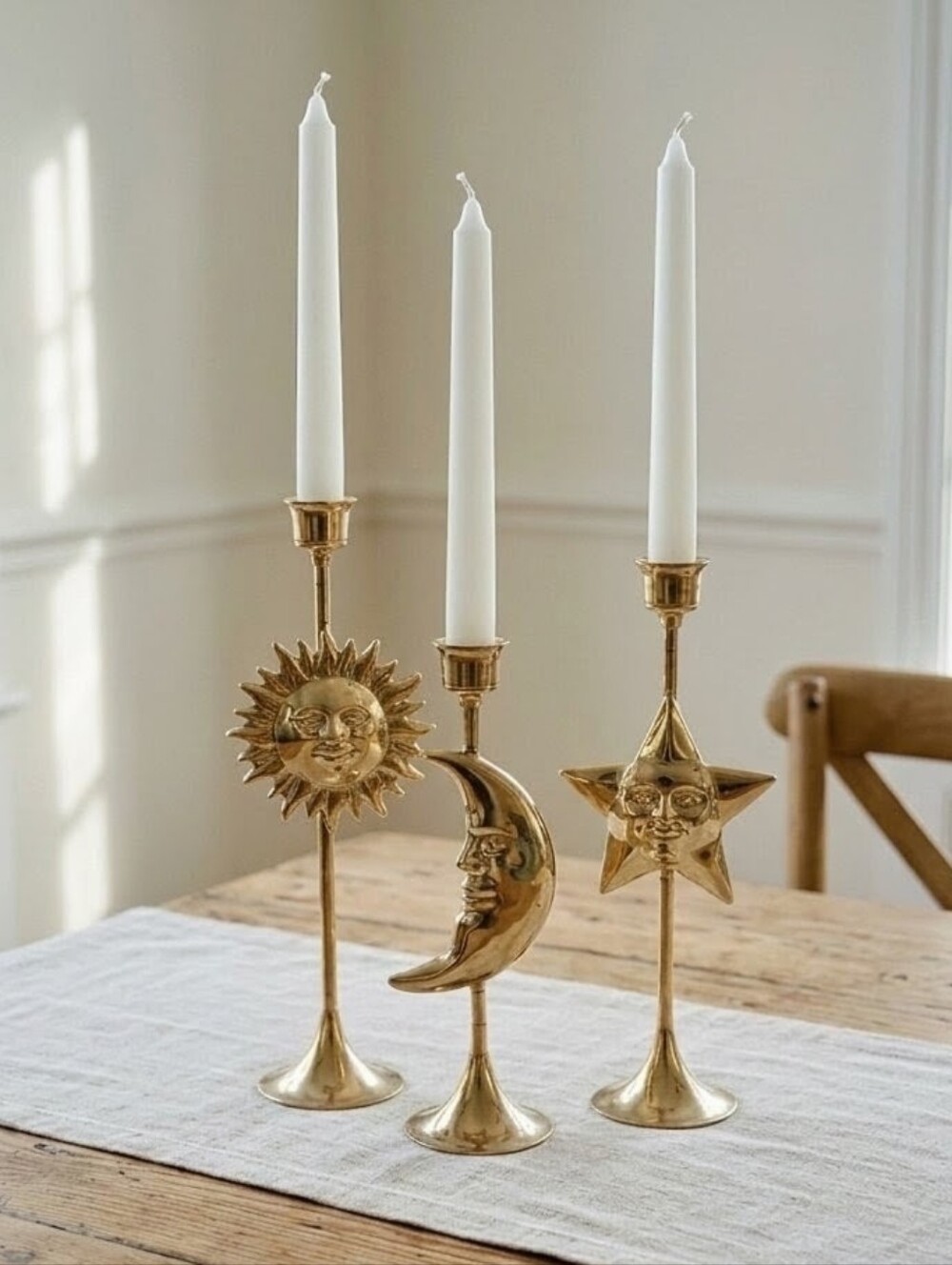 Vtg Celestial Brass Candlestick Set With Sun, Moon & Star.